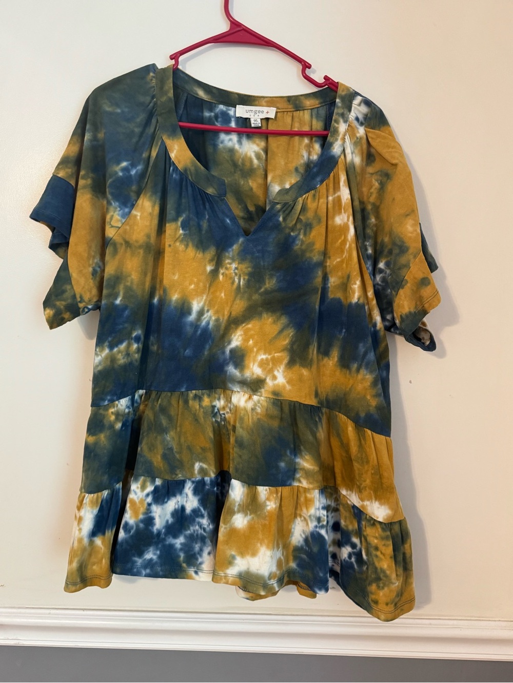 Umgee Mustard & Navy Tie-Dye Peplum Tunic 1XL